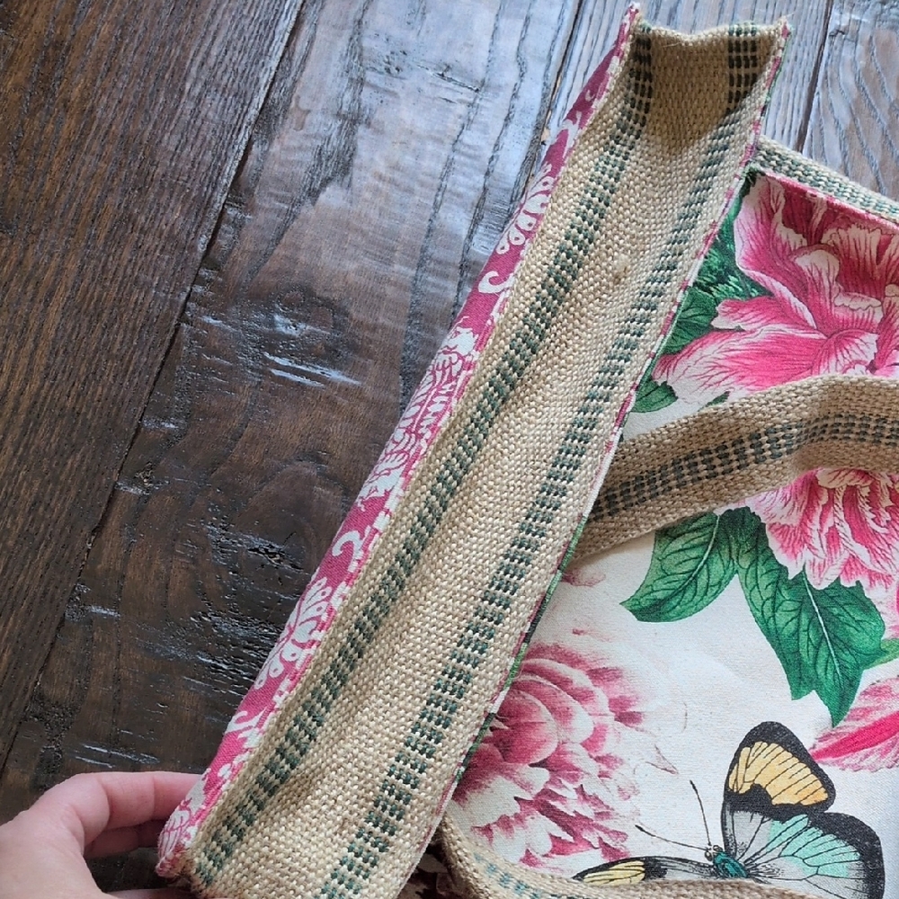 MICHEL DESIGN WORKS I Fabric Floral Butterfly Canvas Tote Bag w/ Burlap Handles - Picture 9 of 14